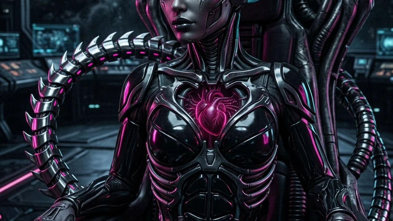 Adult biomechanical xenomorph queen Aethel-Omega with sculpted obsidian exoskeletal ribs, swept cranial crest, prehensile tail, and glowing crimson sternum heart-core