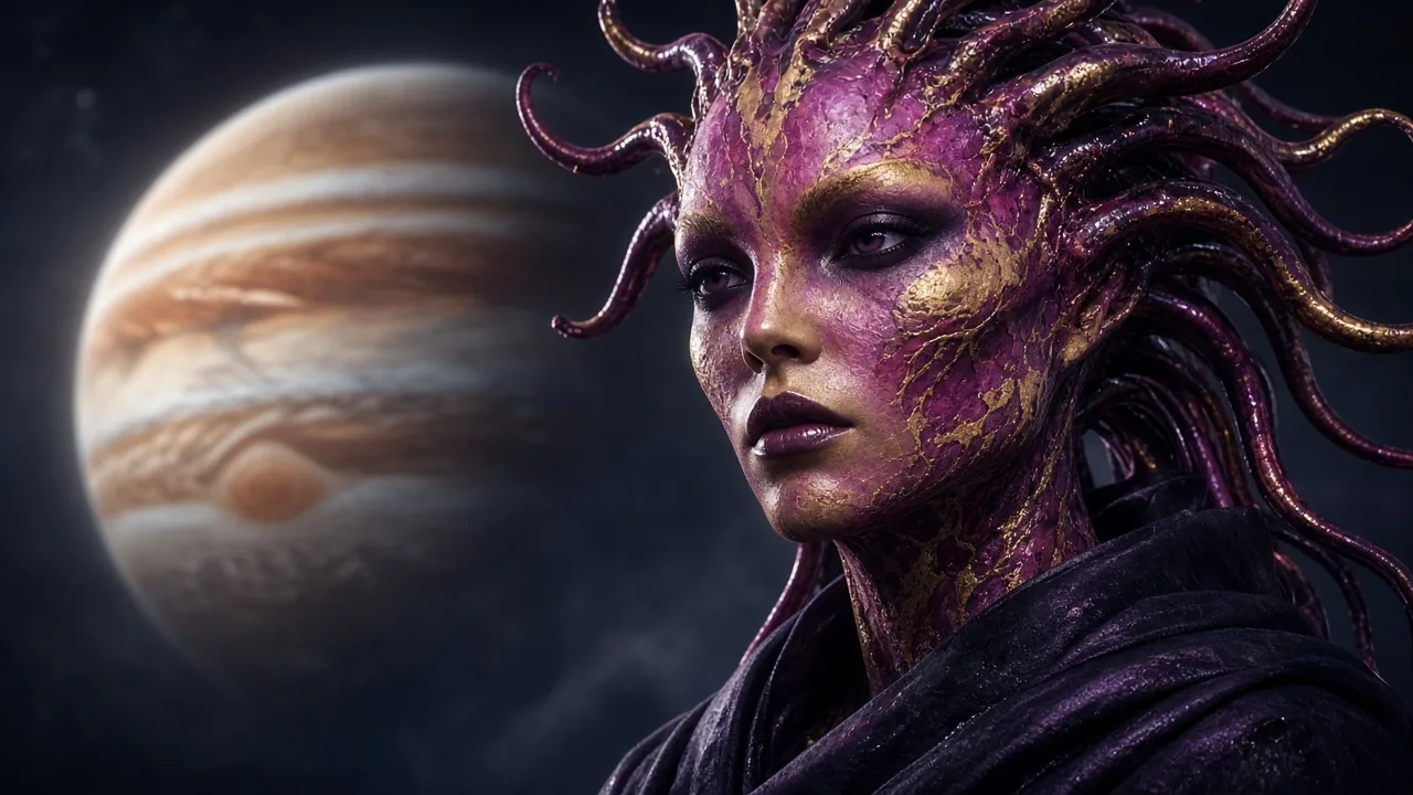 Adult alien woman Keth with magenta-gold chromatophore skin and a crown of sensory tendrils