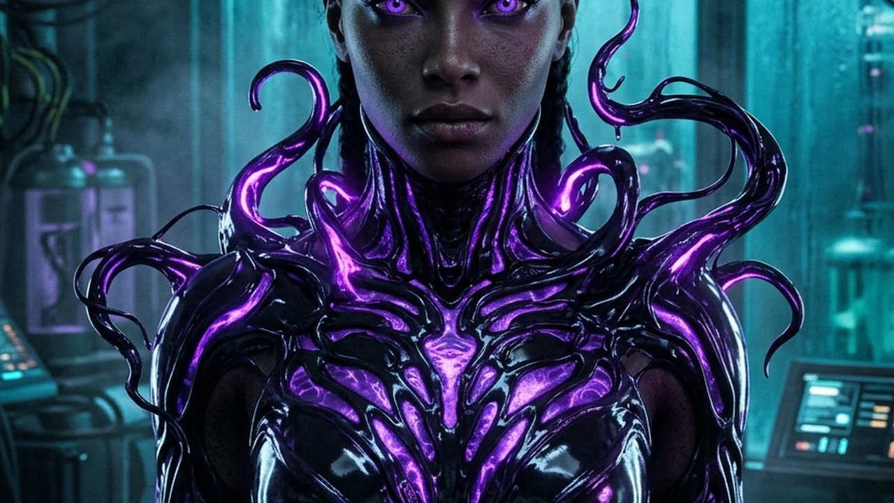 Adult liquid-obsidian alien symbiote woman Klyra-9 with glowing violet veins and prehensile biomass tendrils inside an orbital quarantine glass cell