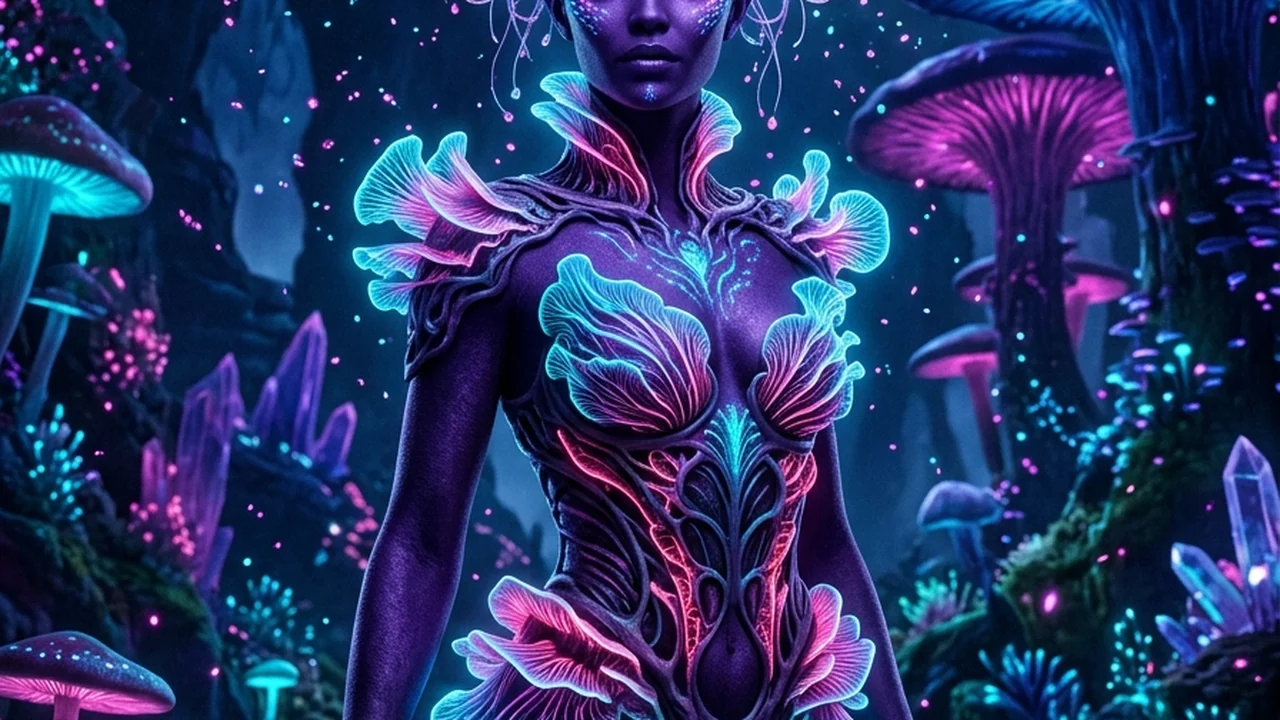 Adult bioluminescent mycelial alien empress Myra-Vel with velvet-violet skin, glowing cyan-magenta gill frills on her collarbones and hips, and root-silk tendrils
