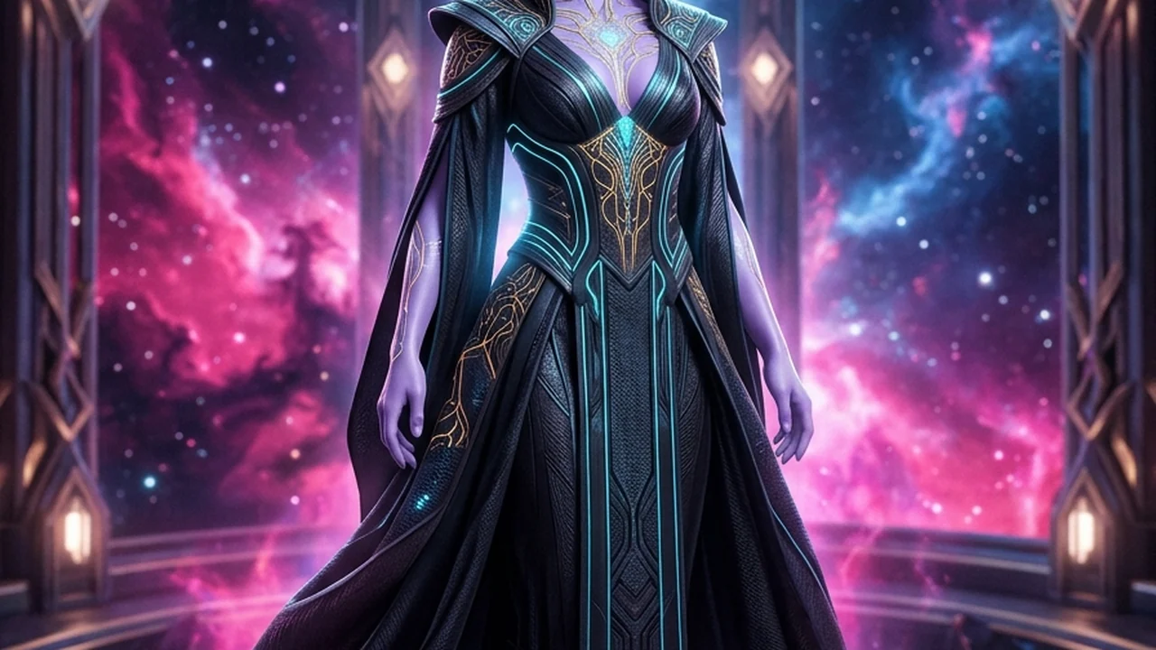 Adult telepathic alien matriarch Seraphel of Vael-Prime with porcelain-lavender skin, gold-cyan neural filigree, and a levitating crystal halo crown