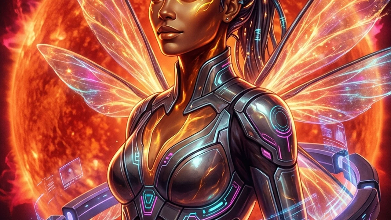 Adult six-winged alien plasma siren Solenne with molten-bronze skin, glowing gold veins, and six translucent coronal plasma wings in a solar observatory