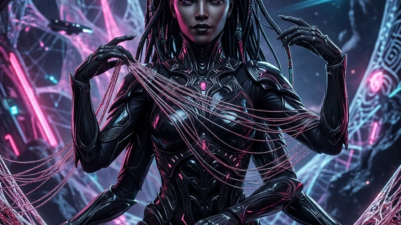 Adult six-limbed arachne alien woman Vexia of the Obsidian Web with obsidian chitin lower abdomen and glowing crimson neural silk in a zero-gravity asteroid cathedral