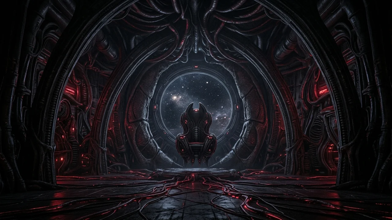 Interior of an ancient living biomechanical dreadnought with ribbed obsidian cathedral arches, warm crimson bio-conduits, and a suspended neural throne cradle