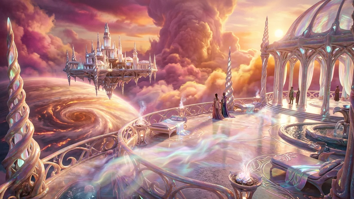 Floating sky-palace suspended inside the magenta-and-gold storm clouds of gas giant Aurelia-V with living coral-glass arches where Keth Amaranth lives