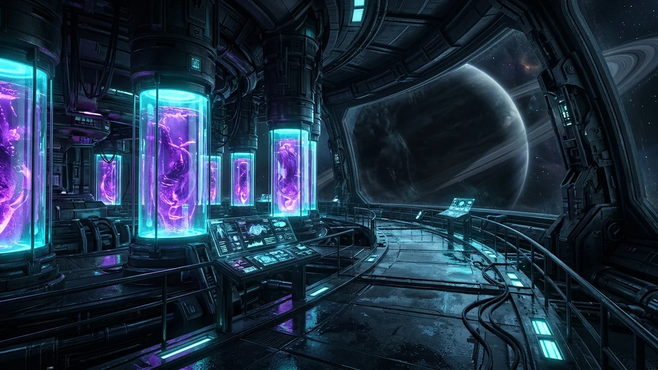 Decommissioned orbital xenobiology quarantine station over a shadowed violet gas giant with breached containment glass and glossy black symbiote tendrils