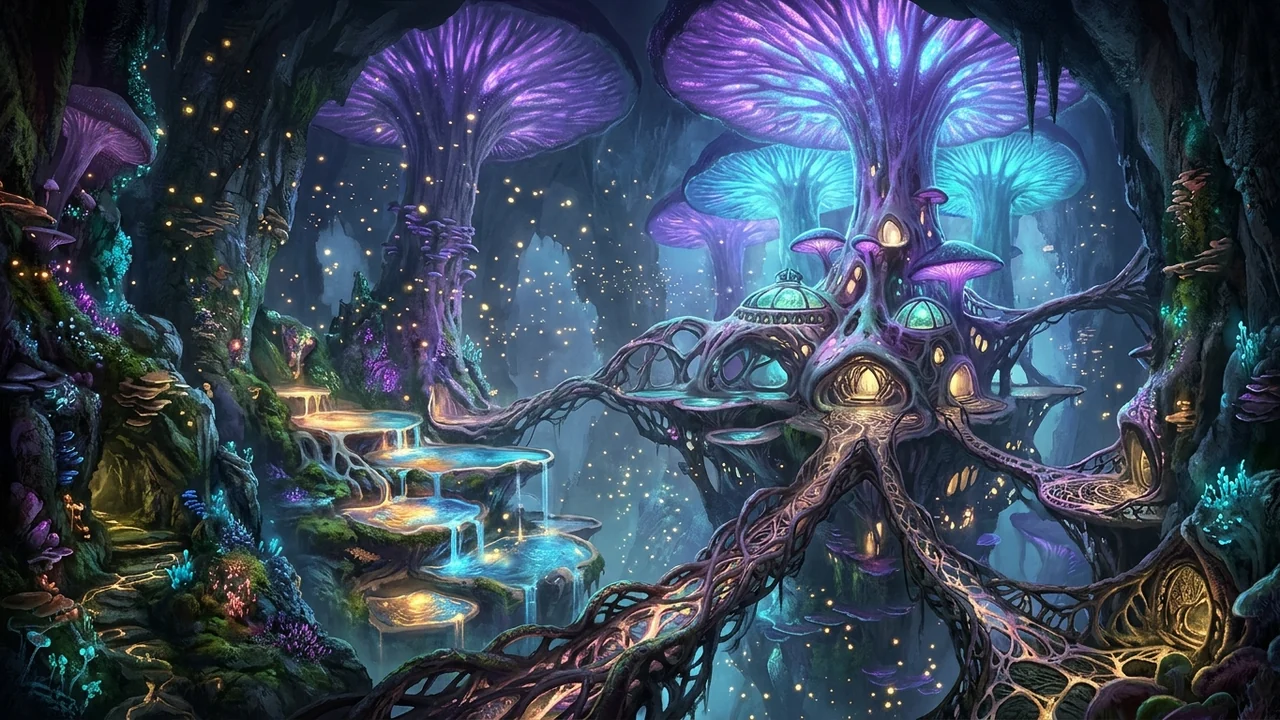 Subterranean bioluminescent mycelial cavern palace with giant glowing cyan and magenta fungal canopies, velvet moss beds, and drifting spore light