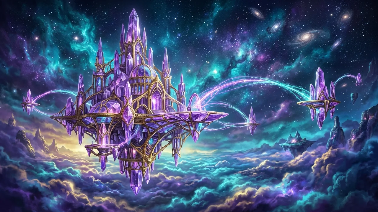 Floating Crystalline Resonance Spire of Vael-Prime suspended above a golden cloud sea with levitating prism rings and astral light bridges