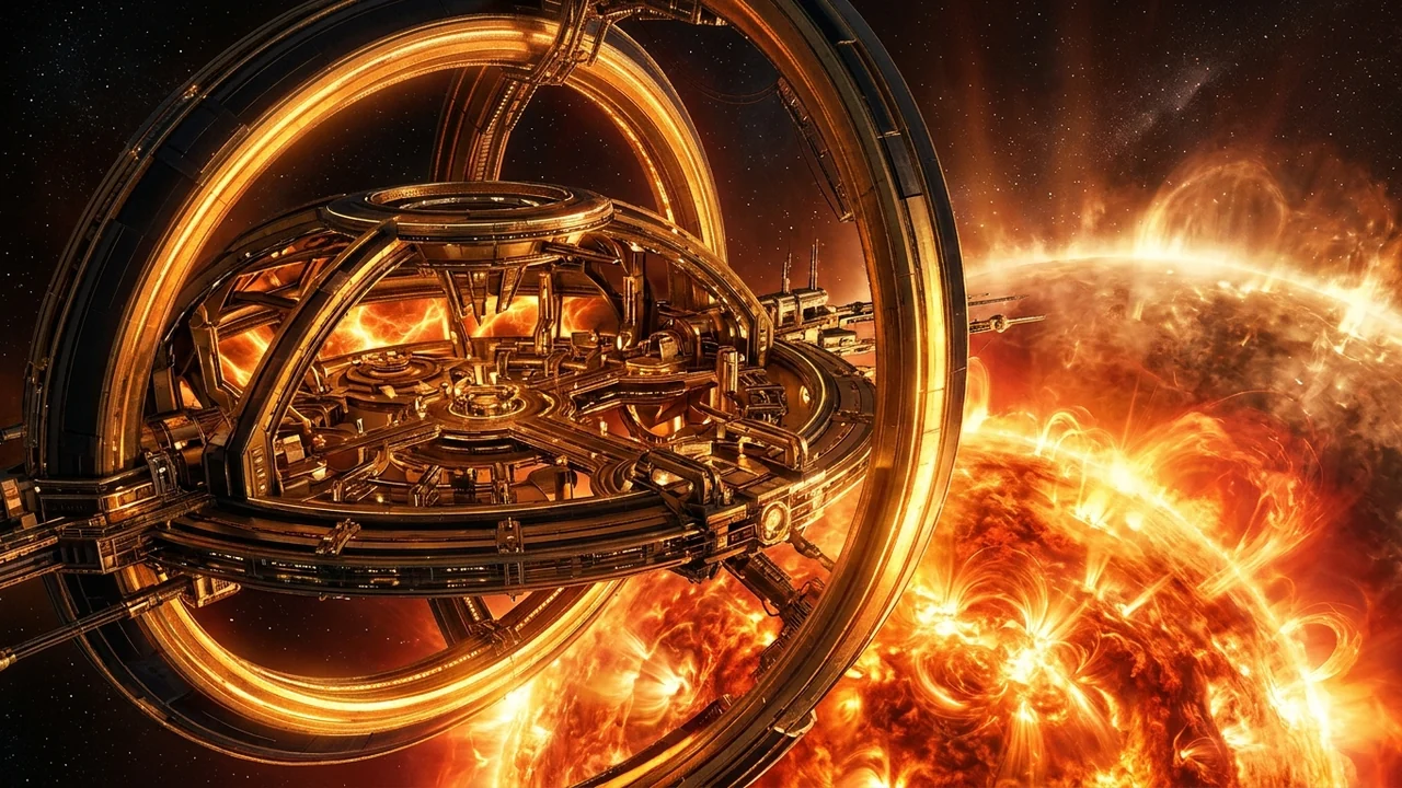 Magnetic Heliopause Sanctum orbiting directly above the roaring red-gold plasma loops of a star corona with panoramic solar-glass vaults