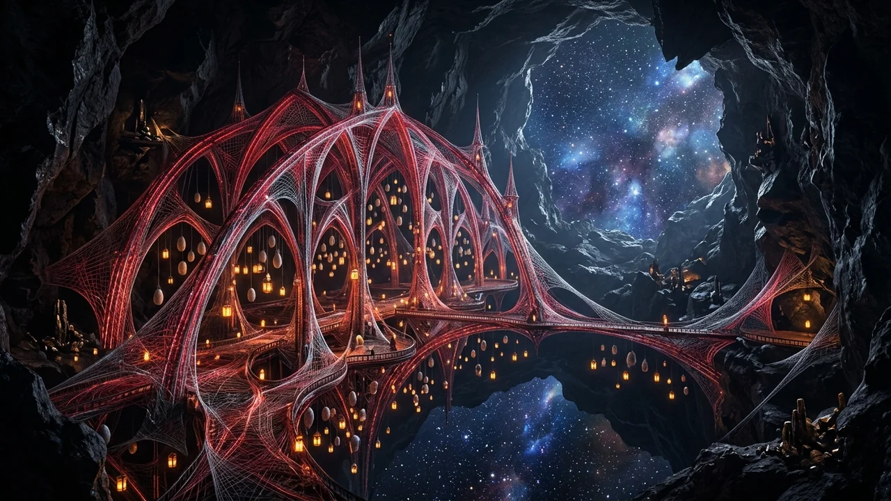 Hollowed-out zero-gravity asteroid Silk Cathedral strung with glowing crimson neural silk tension-webs and obsidian gothic arches where Vexia lives