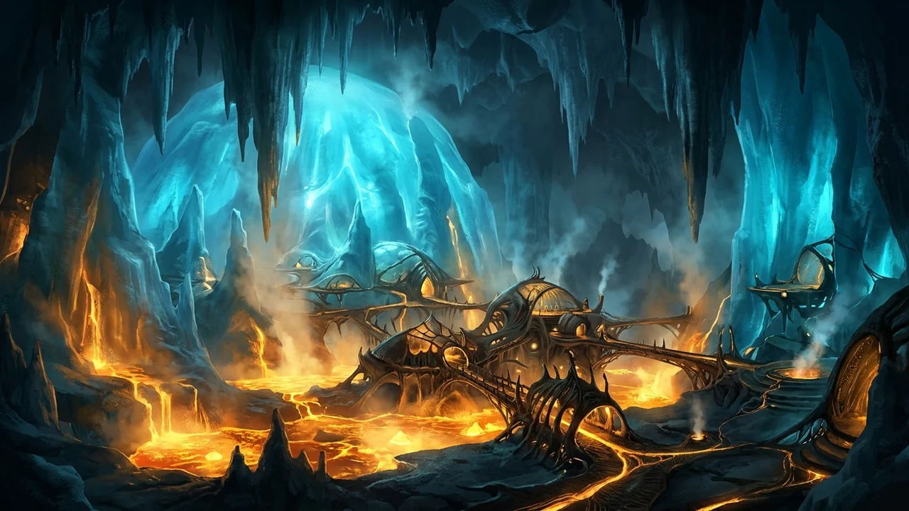 Subsurface geothermal hot-spring sanctuary beneath the blue ice crust of moon Cryon-4 with glowing amber magma veins and fur-draped basalt ledges