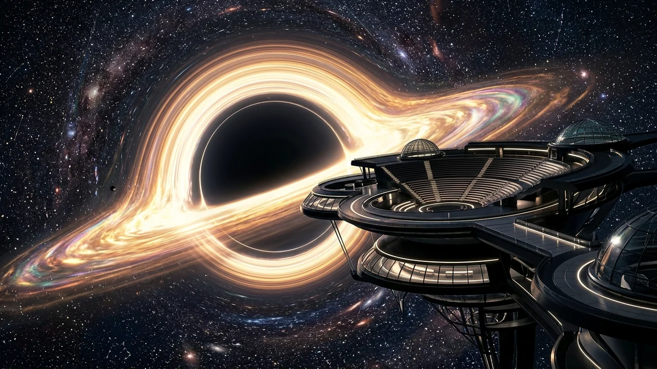 Relativistic Event-Horizon Observatory orbiting the glowing golden-violet accretion disk of a supermassive black hole with floating obsidian terraces