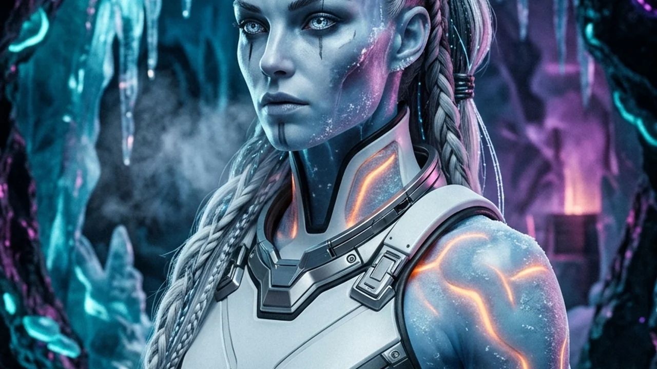 Tall frost-blue alien huntress Ysolde of Cryon-4 with white horn crests and glowing 43C amber thermal rib-vents in a sub-glacial geothermal hot spring