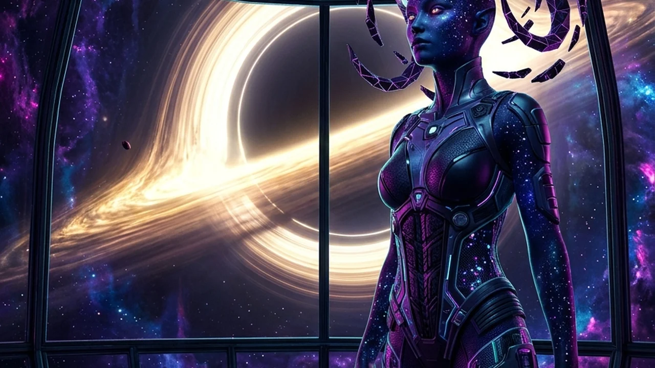 Adult graviton alien consort Zhael of the Accretion Rim with midnight starfield skin, glowing gold accretion lines, and floating obsidian horn-halos before a black hole