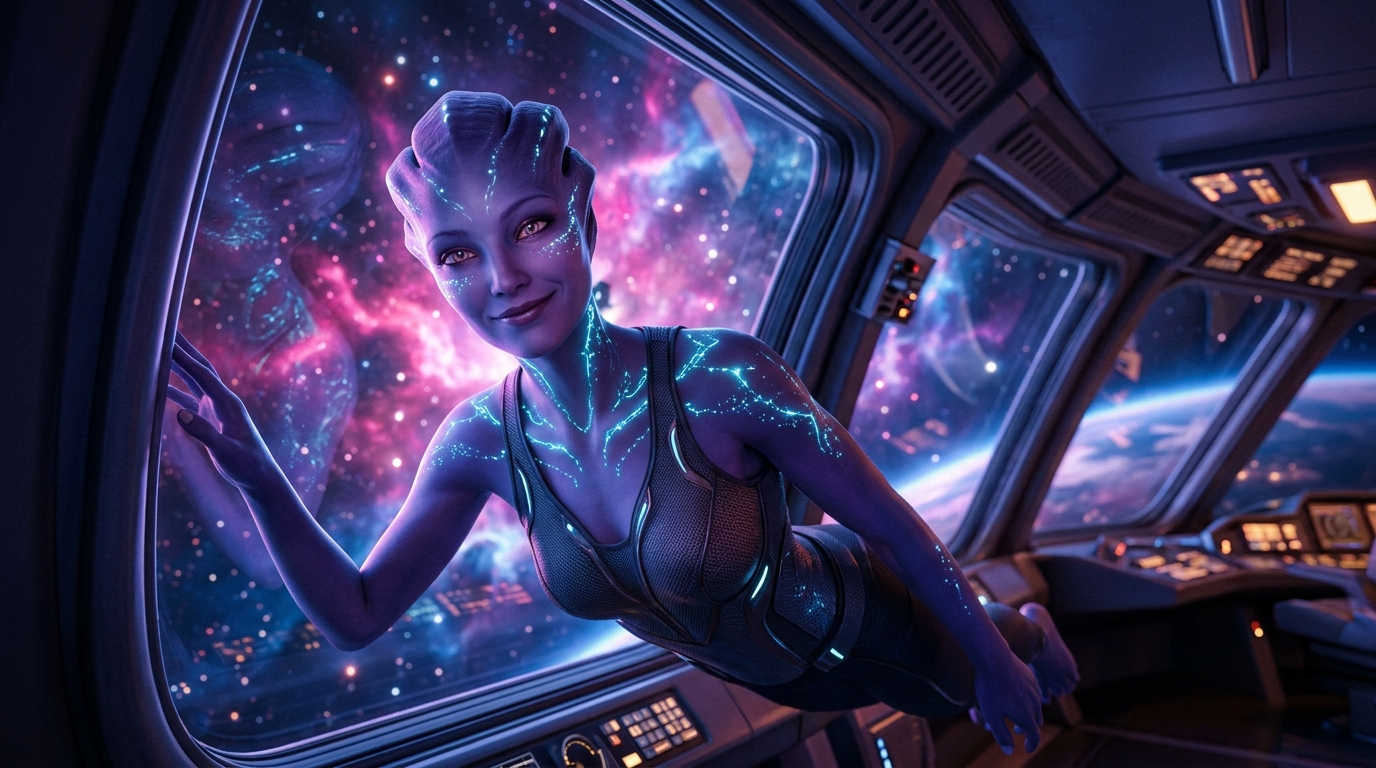 Vaelith — Bioluminescent Void Siren hostess in her zero-gravity starship observation dome overlooking a glowing cyan and magenta nebula